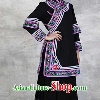 Chinese Nationality Folk Dance Black Dress Outfits Yunnan Ethnic Woman Costume Yi Minority Stage Performance Clothing and Headwear