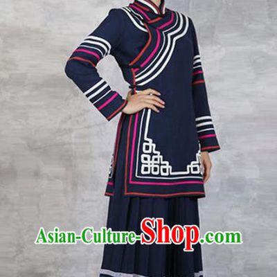 Chinese Yi Nationality Folk Dance Navy Dress Outfits Yunnan Ethnic Woman Costume Minority Stage Show Clothing and Hat