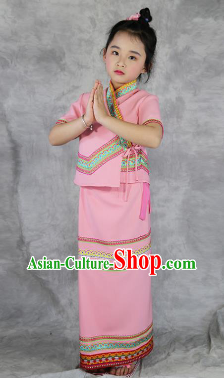 China Dai Nationality Costumes Yunnan Province Ethnic Minority Children Pink Outfits China Dai Nationality Costumes Yunnan Province Ethnic Minority Children Pink Outfits