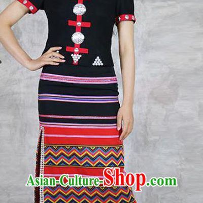 Chinese Yunnan Minority Clothing Wa Nationality Black Dress Outfits Yunnan Ethnic Woman Informal Costume