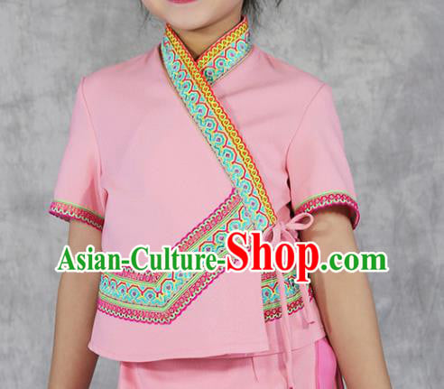 China Dai Nationality Costumes Yunnan Province Ethnic Minority Children Pink Outfits China Dai Nationality Costumes Yunnan Province Ethnic Minority Children Pink Outfits