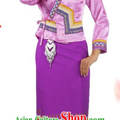 Chinese Yunnan Ethnic Woman Informal Costume Yunnan Minority Clothing Dai Nationality Purple Dress Outfits