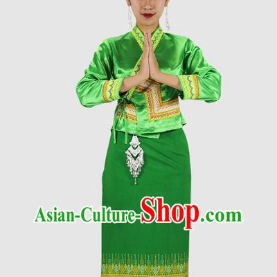 Chinese Dai Nationality Dance Green Dress Outfits Yunnan Ethnic Woman Informal Costume Yunnan Minority Clothing