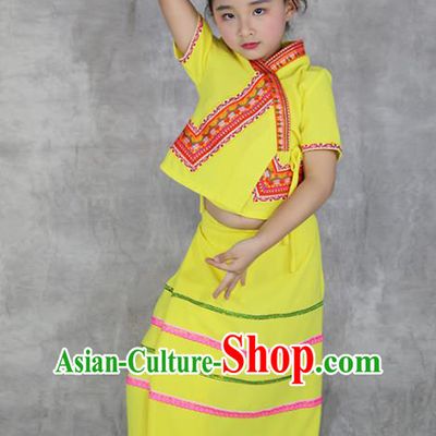 China Yunnan Province Ethnic Minority Children Yellow Outfits Dai Nationality Costumes