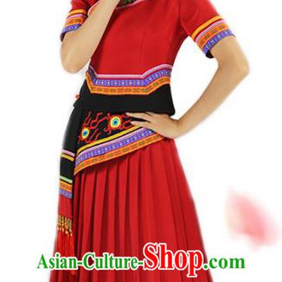 Chinese Yi Minority Red Outfits Clothing Ethnic Folk Dance Costume Nationality Woman Wedding Dress
