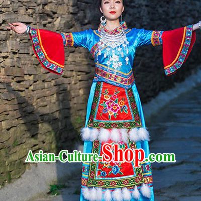 Chinese Ethnic Stage Performance Blue Outfits Dong Nationality Folk Dance Dress Clothing and Hair Accessories