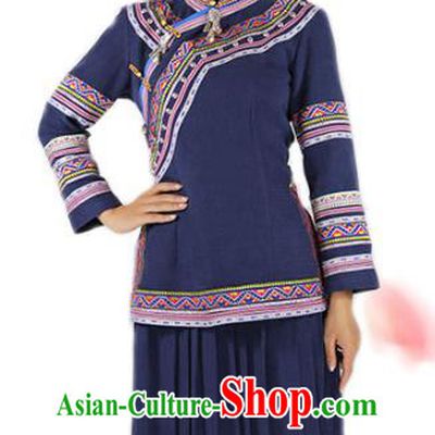 Chinese Nationality Woman Dress Yi Minority Navy Outfits Clothing Ethnic Folk Dance Costume and Silver Tassel Hat