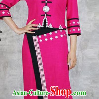 Chinese Yunnan Nationality Woman Dress Wa Minority Rosy Outfits Clothing Ethnic Stage Show Costume