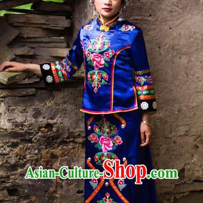 Chinese Ethnic Wedding Bride Royalblue Outfits Tujia Nationality Stage Show Dress Clothing and Hat
