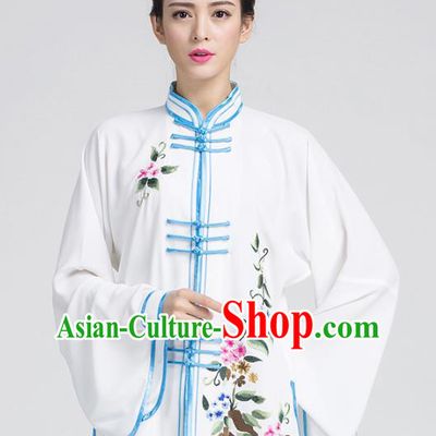 China Traditional Embroidered White Outfits Top Kung Fu Tai Chi Competition Costume