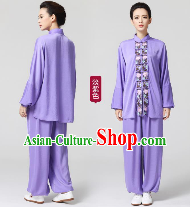 China Female Tai Chi Competition Uniforms Traditional Martial Arts Violet Flax Clothing China Female Tai Chi Competition Uniforms Traditional Martial Arts Violet Flax Clothing