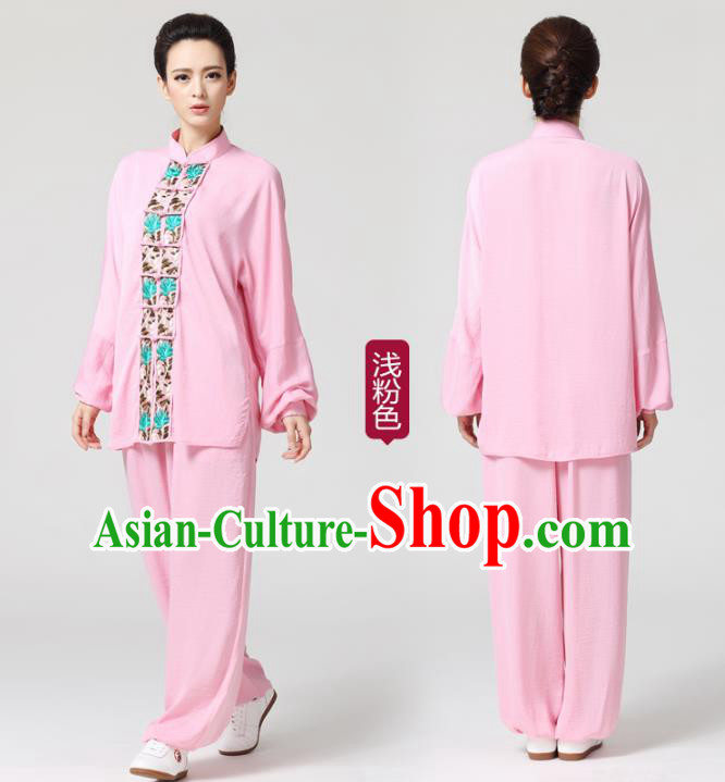 China Tai Chi Competition Pink Flax Uniforms Traditional Martial Arts Embroidered Clothing China Tai Chi Competition Pink Flax Uniforms Traditional Martial Arts Embroidered Clothing