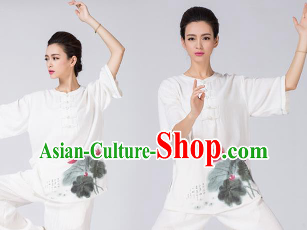 China Tai Chi Ink Painting Lotus Uniforms Traditional Martial Arts White Flax Clothing China Tai Chi Ink Painting Lotus Uniforms Traditional Martial Arts White Flax Clothing
