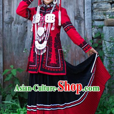 Chinese Yi Nationality Wedding Dress Clothing Ethnic Stage Performance Outfits Costumes and Silver Tassel Hat