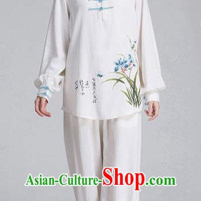 China Hand Painting Orchids White Flax Uniforms Traditional Martial Arts Tai Chi Clothing