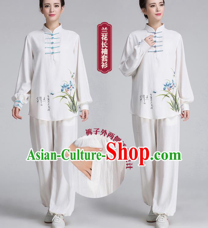 China Hand Painting Orchids White Flax Uniforms Traditional Martial Arts Tai Chi Clothing China Hand Painting Orchids White Flax Uniforms Traditional Martial Arts Tai Chi Clothing