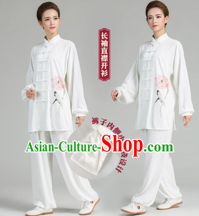 China Traditional Martial Arts Tai Chi Clothing Hand Painting Lotus White Flax Uniforms China Traditional Martial Arts Tai Chi Clothing Hand Painting Lotus White Flax Uniforms