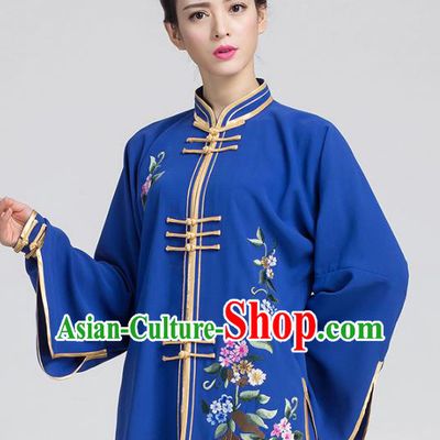 China Traditional Kung Fu Embroidered Royalblue Outfits Tai Chi Training Costumes