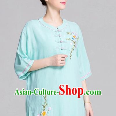 China Women Tai Chi Clothing Kung Fu Printing Flowers Light Green Uniforms Traditional Martial Arts Costume
