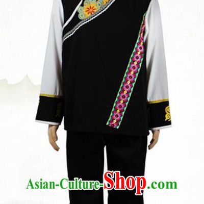 China Tu Nationality Folk Dance Costumes Qinghai Province Ethnic Minority Man Black Outfits Clothing and Hat