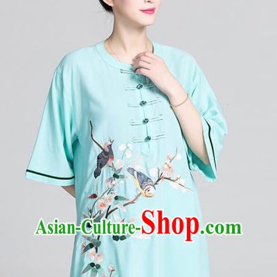 China Women Summer Martial Arts Clothing Tai Chi Kung Fu Printing Flowers Bird Green Uniforms