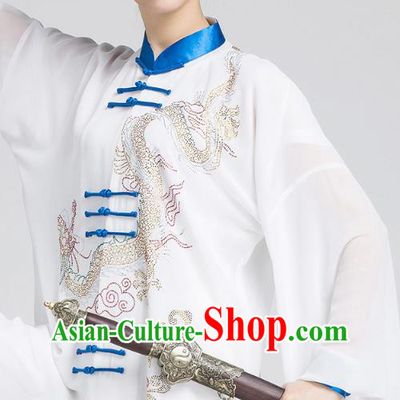 China Tai Chi Kung Fu White Three Pieces Uniforms Martial Arts Competition Clothing