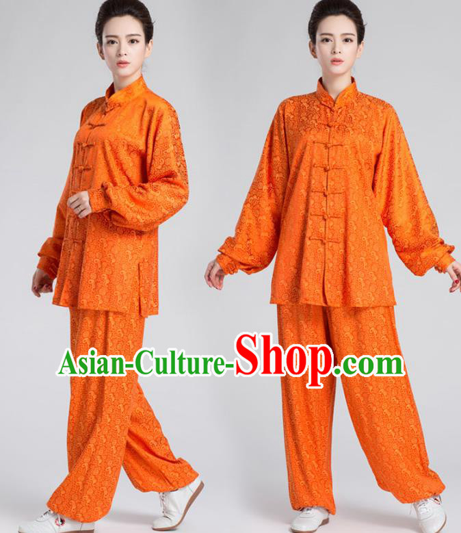 China Women Kung Fu Costumes Traditional Tai Chi Performance Orange Silk Uniforms China Women Kung Fu Costumes Traditional Tai Chi Performance Orange Silk Uniforms