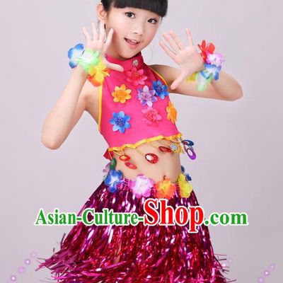 Top Children Day Dance Rosy Outfits Hawaiian Dance Dress Stage Performance Clothing