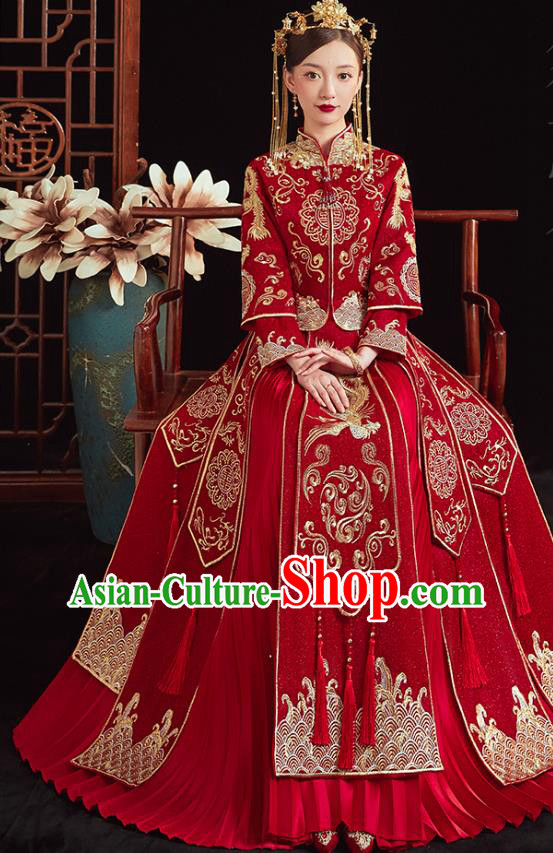 Chinese Traditional Wedding Clothing Bride Embroidered Costumes Classical Xiuhe Suit Red Outfits Chinese Traditional Wedding Clothing Bride Embroidered Costumes Classical Xiuhe Suit Red Outfits