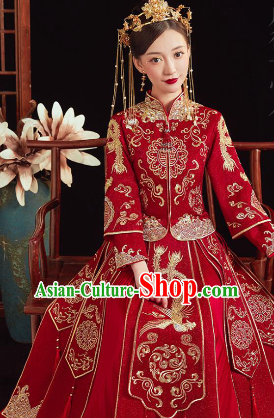 Chinese Traditional Wedding Clothing Bride Embroidered Costumes Classical Xiuhe Suit Red Outfits Chinese Traditional Wedding Clothing Bride Embroidered Costumes Classical Xiuhe Suit Red Outfits