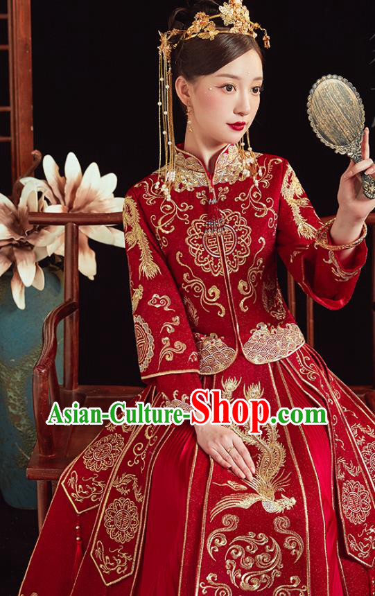 Chinese Traditional Wedding Clothing Bride Embroidered Costumes Classical Xiuhe Suit Red Outfits Chinese Traditional Wedding Clothing Bride Embroidered Costumes Classical Xiuhe Suit Red Outfits
