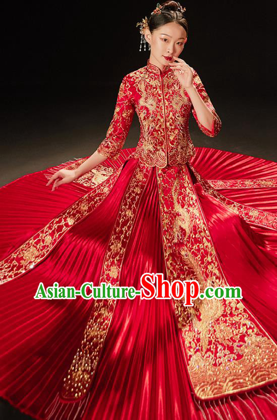 Chinese Bride Embroidered Costumes Classical Xiuhe Suit Red Outfits Traditional Wedding Clothing Chinese Bride Embroidered Costumes Classical Xiuhe Suit Red Outfits Traditional Wedding Clothing