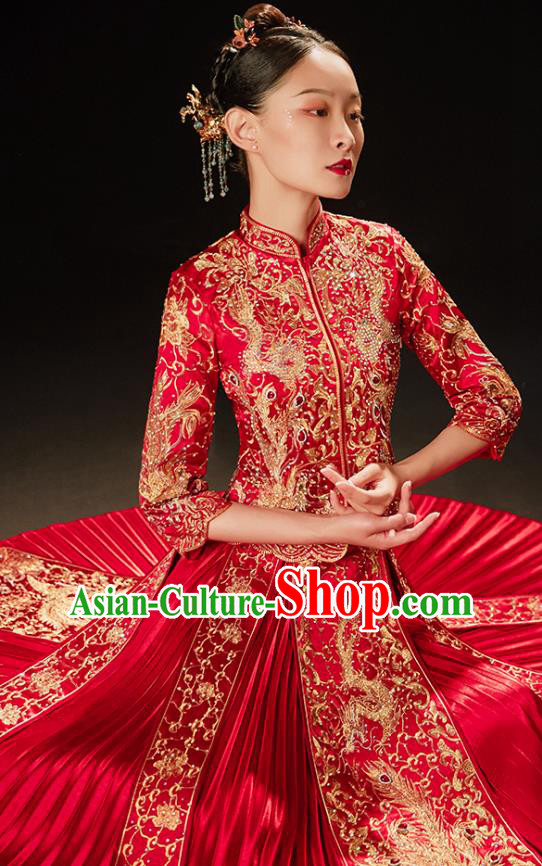 Chinese Bride Embroidered Costumes Classical Xiuhe Suit Red Outfits Traditional Wedding Clothing Chinese Bride Embroidered Costumes Classical Xiuhe Suit Red Outfits Traditional Wedding Clothing