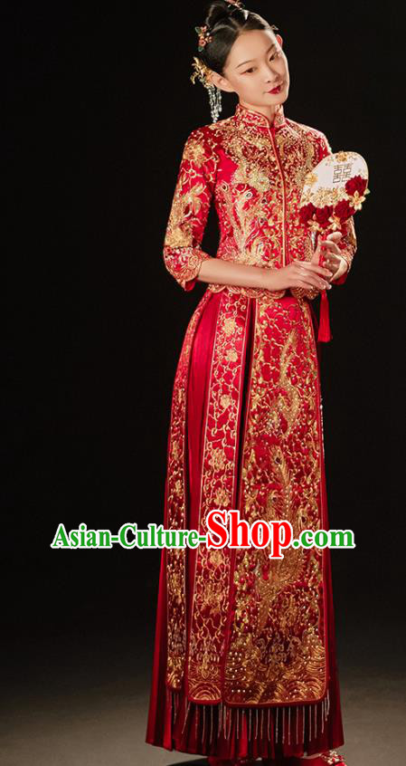 Chinese Bride Embroidered Costumes Classical Xiuhe Suit Red Outfits Traditional Wedding Clothing Chinese Bride Embroidered Costumes Classical Xiuhe Suit Red Outfits Traditional Wedding Clothing