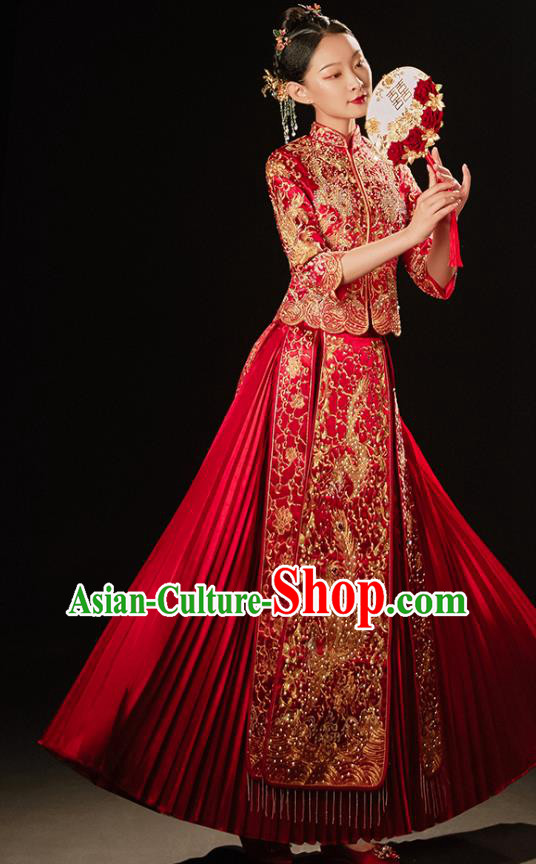 Chinese Bride Embroidered Costumes Classical Xiuhe Suit Red Outfits Traditional Wedding Clothing Chinese Bride Embroidered Costumes Classical Xiuhe Suit Red Outfits Traditional Wedding Clothing