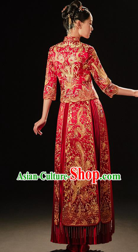 Chinese Bride Embroidered Costumes Classical Xiuhe Suit Red Outfits Traditional Wedding Clothing Chinese Bride Embroidered Costumes Classical Xiuhe Suit Red Outfits Traditional Wedding Clothing