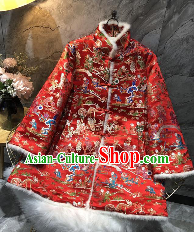 China Winter Woman Red Brocade Cotton Padded Jacket Traditional Tang Suit Outer Garment China Winter Woman Red Brocade Cotton Padded Jacket Traditional Tang Suit Outer Garment