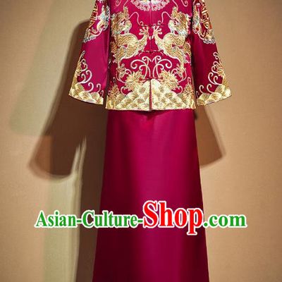 China Classical Bridegroom Costumes Embroidered Red Mandarin Jacket and Long Gown Outfits