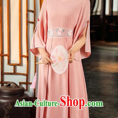 Chinese Traditional Qipao Dress National Embroidered Pink Dress Clothing
