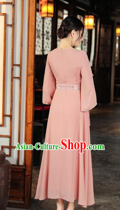 Chinese Traditional Qipao Dress National Embroidered Pink Dress Clothing Chinese Traditional Qipao Dress National Embroidered Pink Dress Clothing