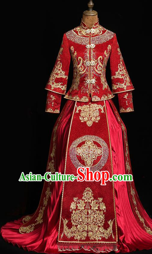 Chinese Classical Bride Embroidered Costumes Xiuhe Suit Drilling Outfits Traditional Wedding Toast Clothing Chinese Classical Bride Embroidered Costumes Xiuhe Suit Drilling Outfits Traditional Wedding Toast Clothing