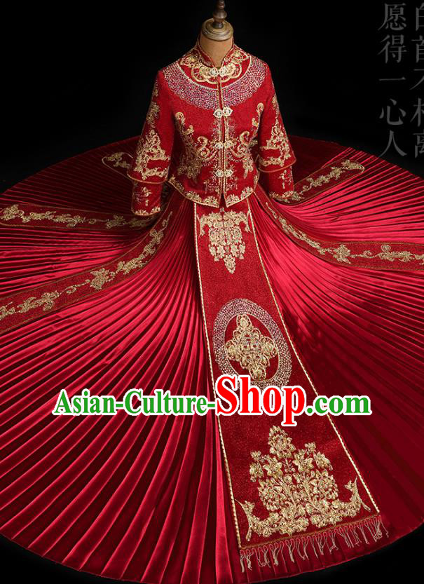 Chinese Classical Bride Embroidered Costumes Xiuhe Suit Drilling Outfits Traditional Wedding Toast Clothing Chinese Classical Bride Embroidered Costumes Xiuhe Suit Drilling Outfits Traditional Wedding Toast Clothing