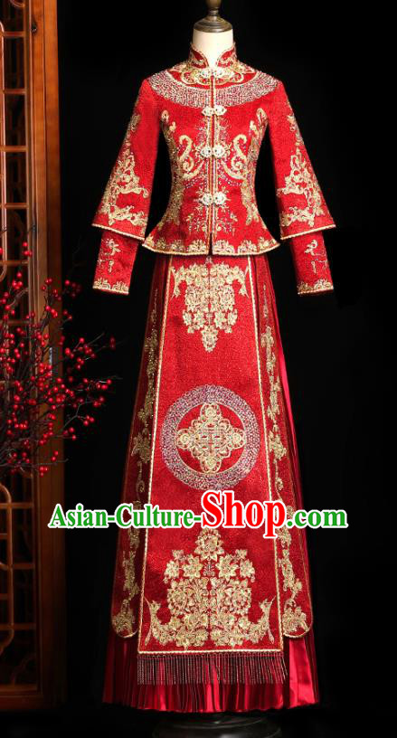 Chinese Classical Bride Embroidered Costumes Xiuhe Suit Drilling Outfits Traditional Wedding Toast Clothing Chinese Classical Bride Embroidered Costumes Xiuhe Suit Drilling Outfits Traditional Wedding Toast Clothing