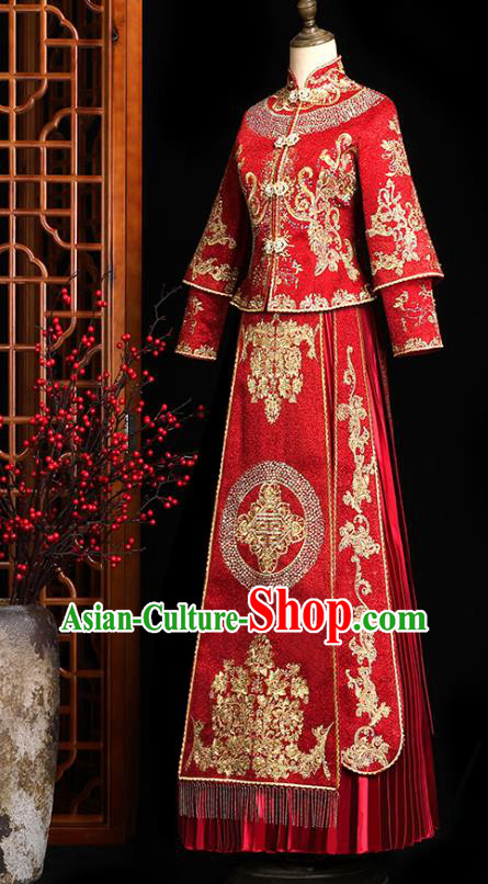 Chinese Classical Bride Embroidered Costumes Xiuhe Suit Drilling Outfits Traditional Wedding Toast Clothing Chinese Classical Bride Embroidered Costumes Xiuhe Suit Drilling Outfits Traditional Wedding Toast Clothing
