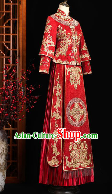 Chinese Classical Bride Embroidered Costumes Xiuhe Suit Drilling Outfits Traditional Wedding Toast Clothing Chinese Classical Bride Embroidered Costumes Xiuhe Suit Drilling Outfits Traditional Wedding Toast Clothing