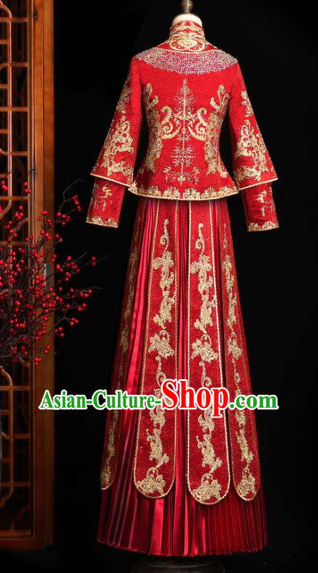 Chinese Classical Bride Embroidered Costumes Xiuhe Suit Drilling Outfits Traditional Wedding Toast Clothing Chinese Classical Bride Embroidered Costumes Xiuhe Suit Drilling Outfits Traditional Wedding Toast Clothing