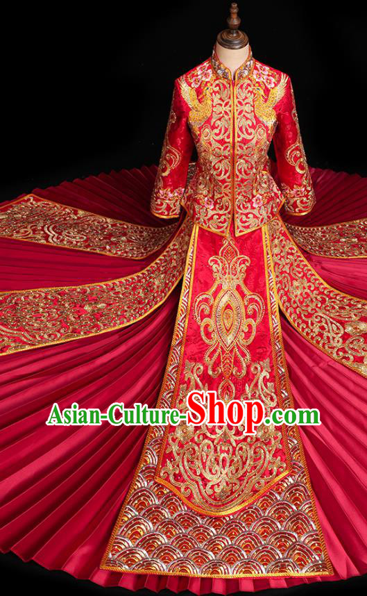 Chinese Traditional Wedding Embroidered Clothing Classical Bride Toast Costumes Xiuhe Suit Drilling Red Outfits Chinese Traditional Wedding Embroidered Clothing Classical Bride Toast Costumes Xiuhe Suit Drilling Red Outfits