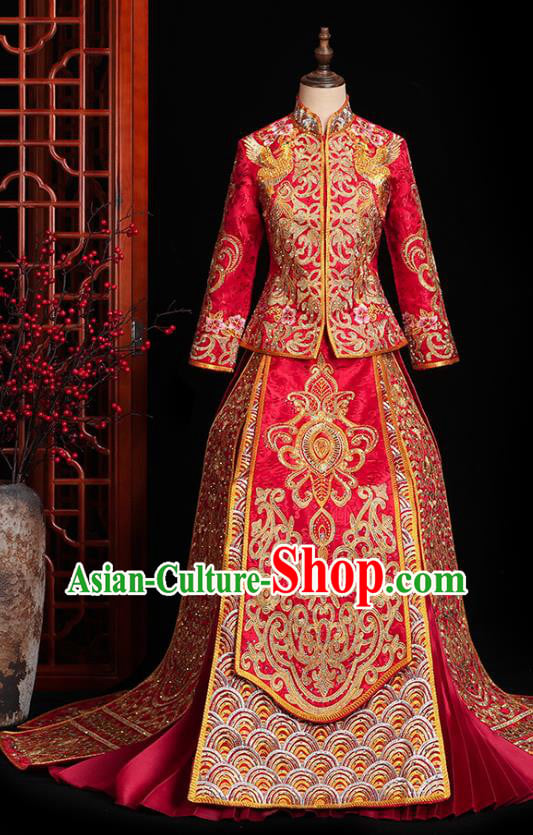 Chinese Traditional Wedding Embroidered Clothing Classical Bride Toast Costumes Xiuhe Suit Drilling Red Outfits Chinese Traditional Wedding Embroidered Clothing Classical Bride Toast Costumes Xiuhe Suit Drilling Red Outfits