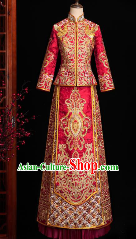 Chinese Traditional Wedding Embroidered Clothing Classical Bride Toast Costumes Xiuhe Suit Drilling Red Outfits Chinese Traditional Wedding Embroidered Clothing Classical Bride Toast Costumes Xiuhe Suit Drilling Red Outfits