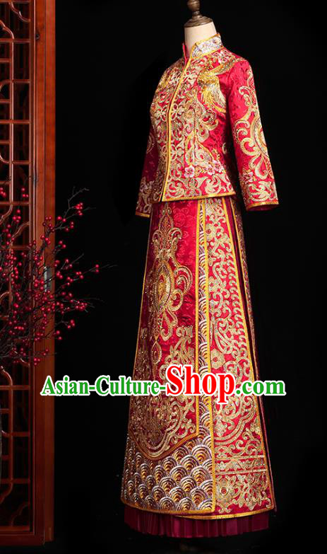 Chinese Traditional Wedding Embroidered Clothing Classical Bride Toast Costumes Xiuhe Suit Drilling Red Outfits Chinese Traditional Wedding Embroidered Clothing Classical Bride Toast Costumes Xiuhe Suit Drilling Red Outfits